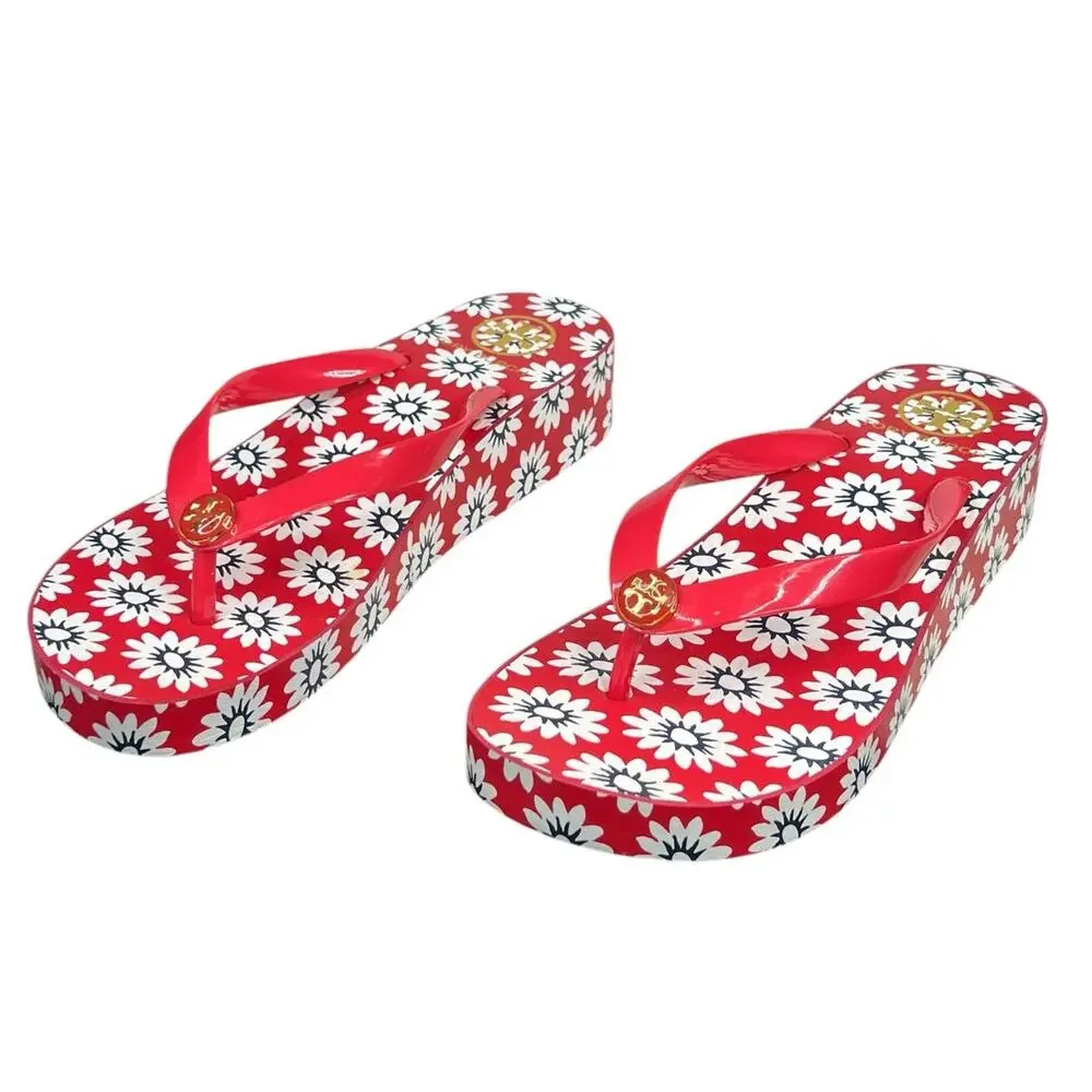 Tory Burch Women’s Red Daisy Thong Wedge Sandal Size US 9.5